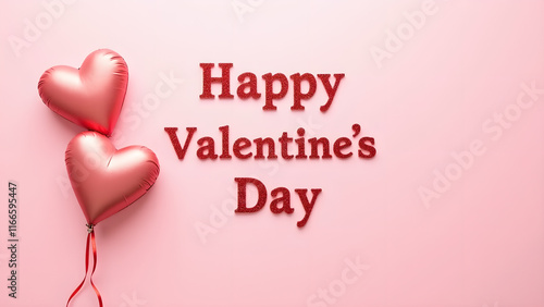 Happy Valentine's Day with heart shaped balloons. Concept of love, romance, and celebration.