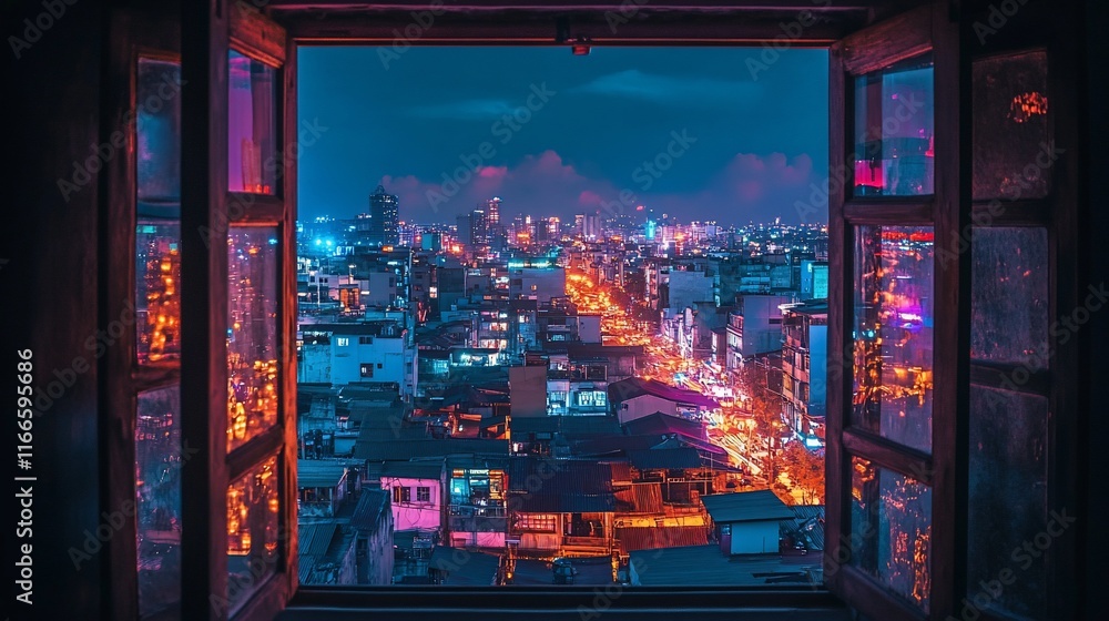 Obraz premium Night Cityscape Viewed From an Open Window