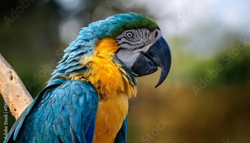 Blue and gold macaw parrot grooming itself, showing vibrant turquoise feathers and yellow-green head markings against a blurred background