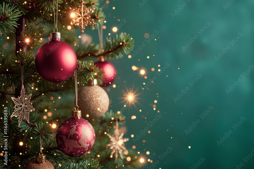 Naklejka premium decorated evergreen tree with red gold sphere ornaments star accents