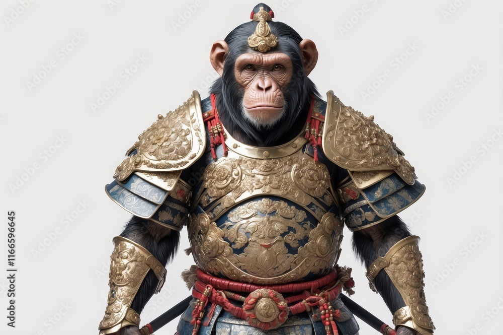 Obraz premium Chimpanzee in ornate gold and blue samurai armor.