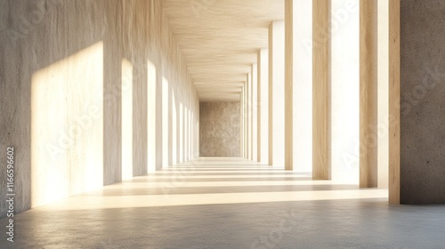 Sunlit minimalist concrete corridor with columns.
