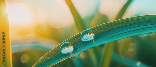 Panel kuchenny z motywem A close-up of dew droplets on a green blade of grass, illuminated by soft sunlight, showcasing nature's beauty and tranquility.