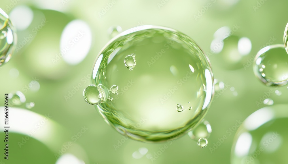 A close-up view of translucent green bubbles floating against a soft green background, evoking freshness and tranquility. A close-up view of translucent green bubbles floating against a soft green background, evoking freshness and tranquility.