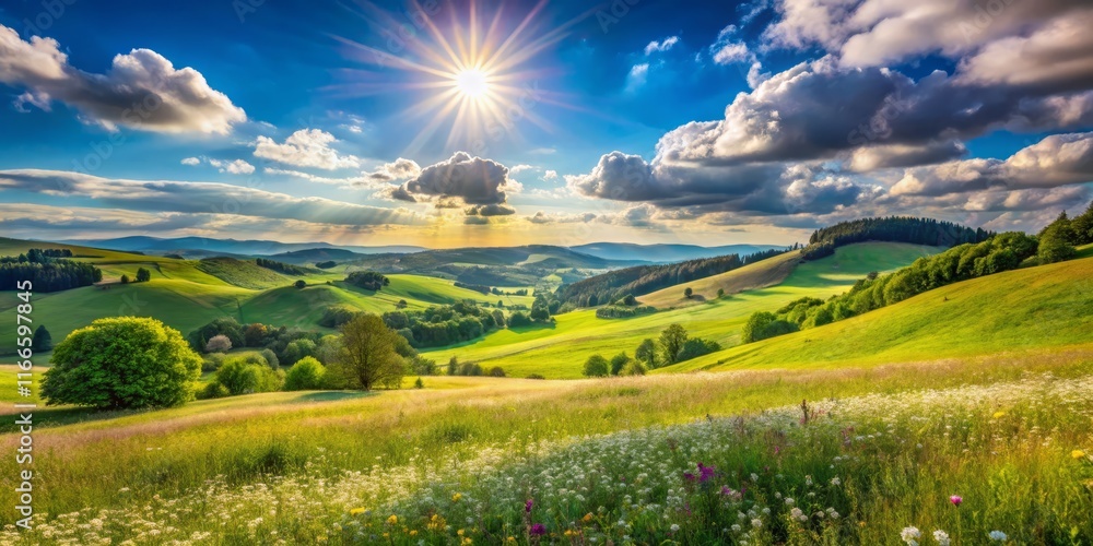 Obraz premium Serene Lazy Sunday Landscape: Rolling Hills, Sunlit Meadow, Peaceful Sky