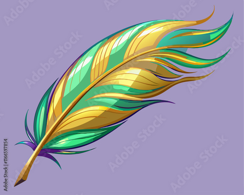 A single feather with iridescent hues of green and gold, displayed on a soft lavender backdrop