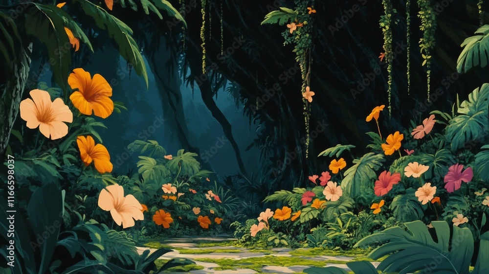 Serene Tropical Garden Path: A Lush Paradise of Vibrant Blooms and Verdant Foliage Serene Tropical Garden Path: A Lush Paradise of Vibrant Blooms and Verdant Foliage