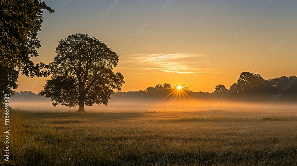 Serene Sunrise: A Solitary Tree in Misty Meadow Serene Sunrise: A Solitary Tree in Misty Meadow