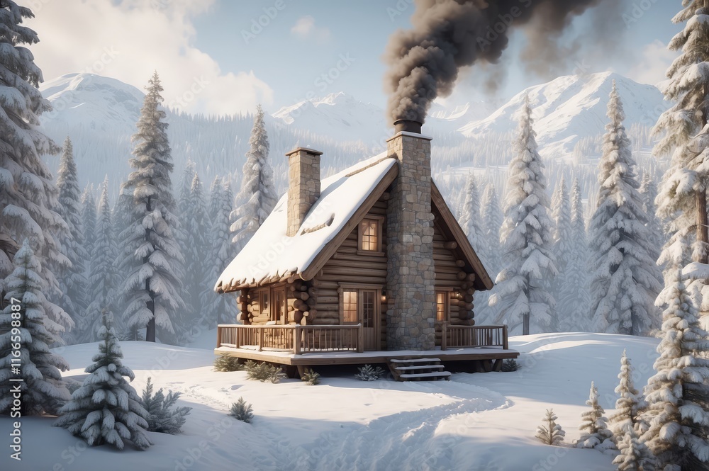 Cozy log cabin in snowy mountain landscape with smoke from chimney. Cozy log cabin in snowy mountain landscape with smoke from chimney.