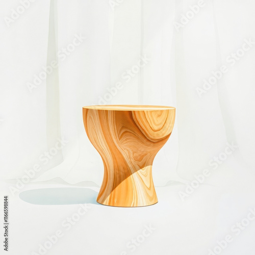 curved wooden pedestal against a white curtain.