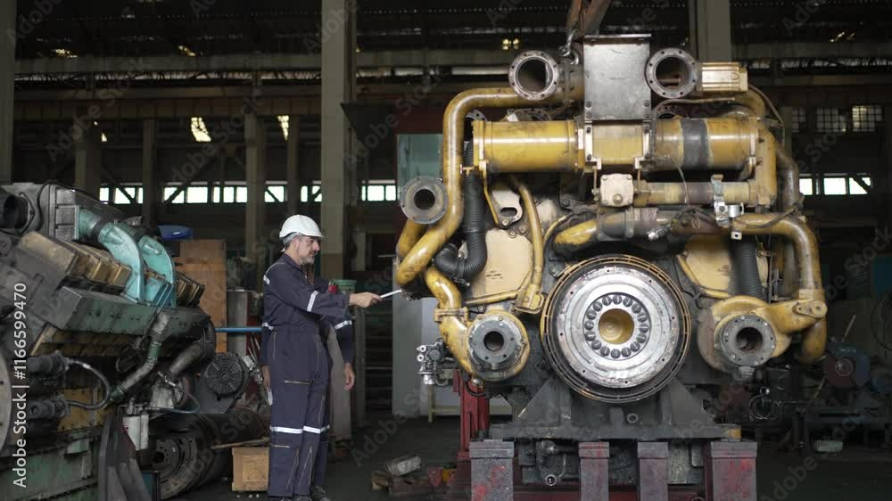 Technicians work at train engine repair shop. Machinery and engineering. Technicians work at train engine repair shop. Machinery and engineering.