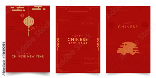 Set minimalist Chinese vector design template background in red and gold color. For Banner, Poster, Social Media, Promotion