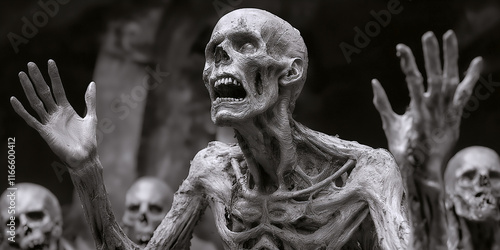 Decayed zombie figure, skeletal horror. photo