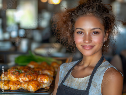 Smiling woman in apron, food in background.