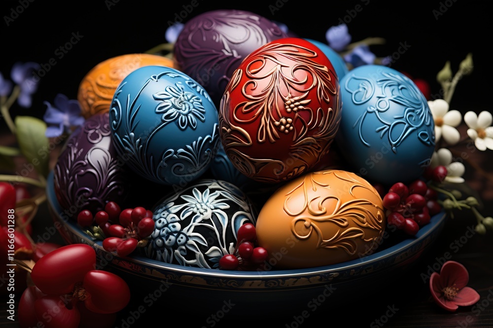 Beautifully decorated eggs arranged in a bowl with colorful floral patterns and berries Beautifully decorated eggs arranged in a bowl with colorful floral patterns and berries