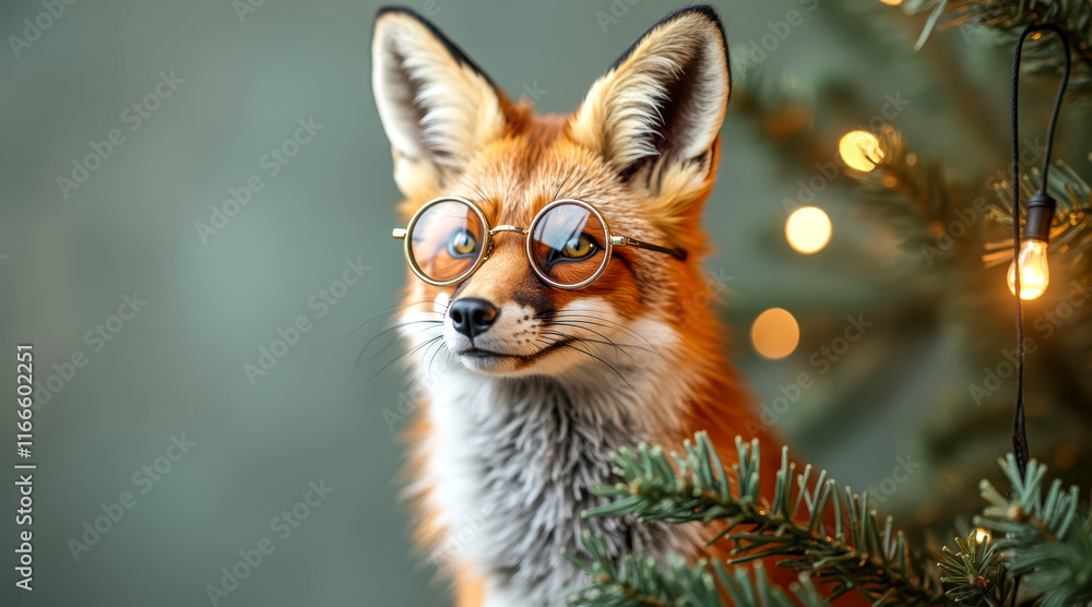 Obraz premium red fox wearing round glasses poses next a decorated tree