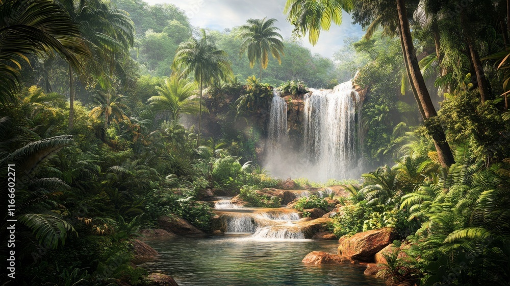 Lush Tropical Rainforest with Majestic Waterfall Amidst Green Foliage and Serene Waterscape Capturing the Essence of Nature's Untamed Beauty and Tranquility