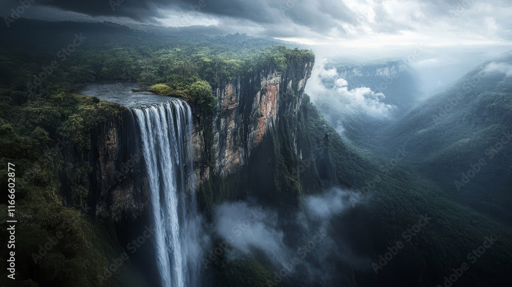 Fototapeta premium Majestic Waterfall Cascading Down Rugged Cliffs Surrounded by Lush Green Forest and Mysterious Misty Atmosphere in a Remote Landscape