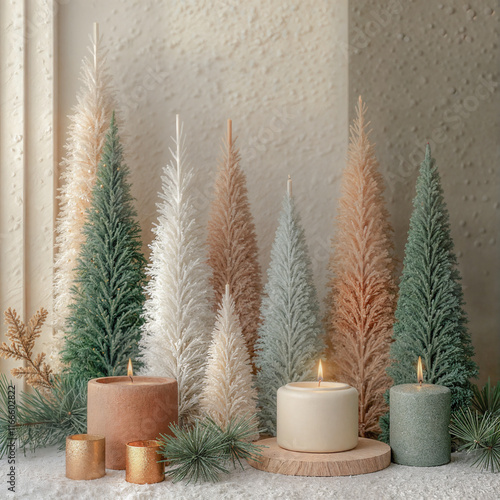 miniature artificial trees candles create a serene winter scene