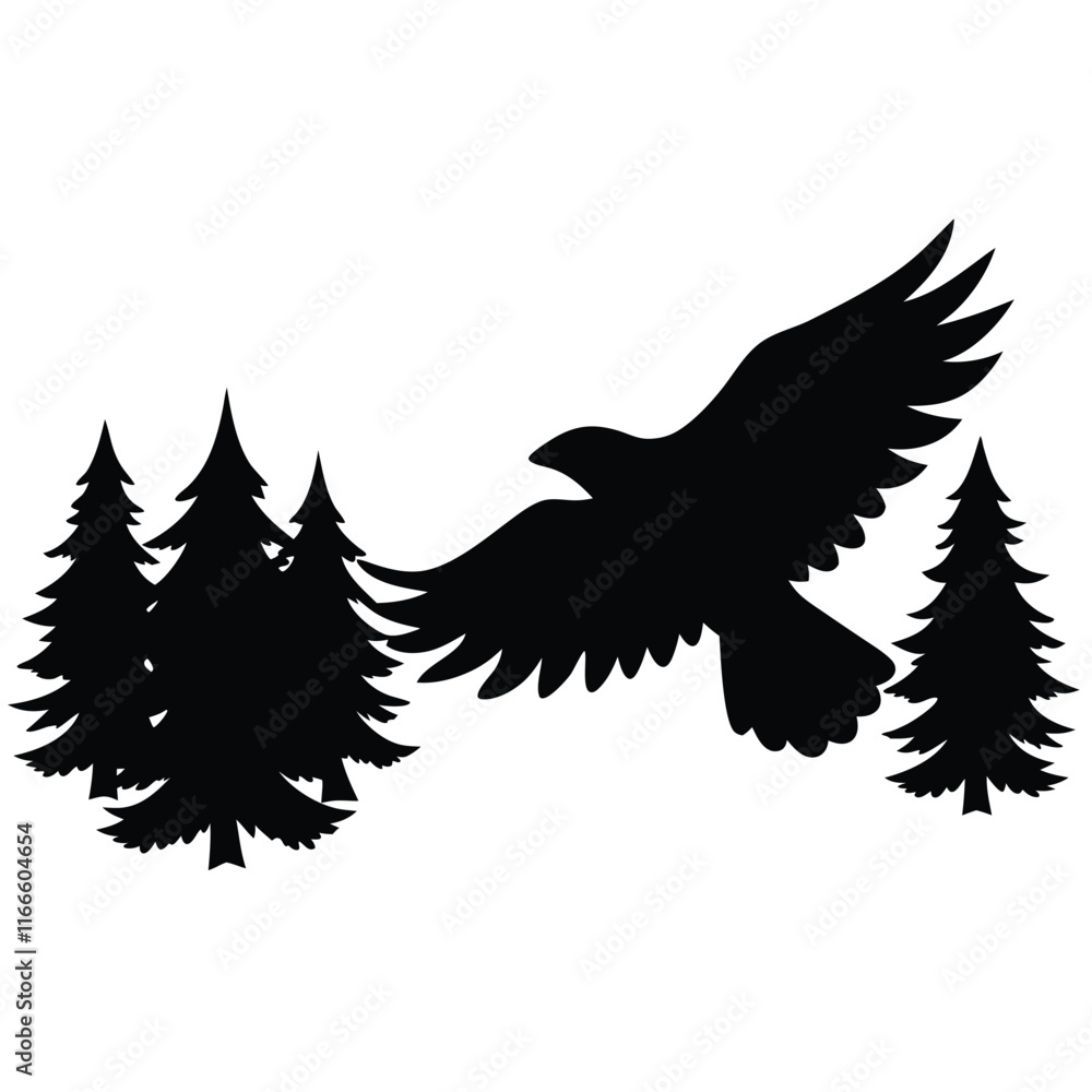 Obraz premium Vector silhouette of a soaring eagle flying above a lush forest landscape with tall pine trees and a distant mountain range,
