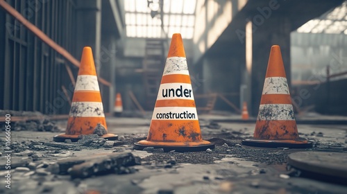 Three Traffic Cones in Under Construction Zone with Signage photo