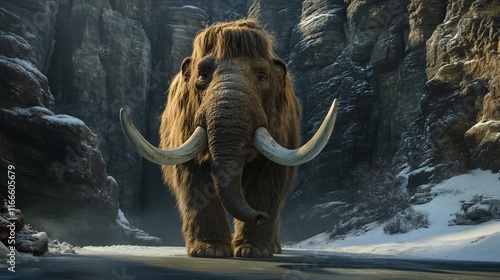 A realistic depiction of a woolly mammoth in a snowy canyon. photo