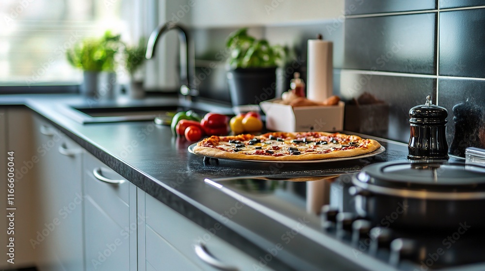 Close-Up of Kitchen Countertop with Pizza Boxes and Fresh Ingredients Close-Up of Kitchen Countertop with Pizza Boxes and Fresh Ingredients