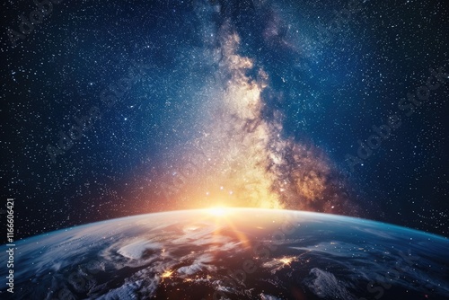 Fototapeta Naklejka Na Ścianę i Meble -  Starry night sky collage with space and education items.