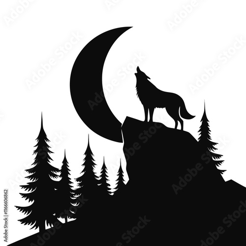 wolf standing on a rocky cliff under a crescent moon,