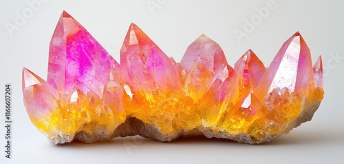 A vibrant cluster of multicolored crystals featuring shades of pink and orange, showcasing natural beauty and intricate formations.
