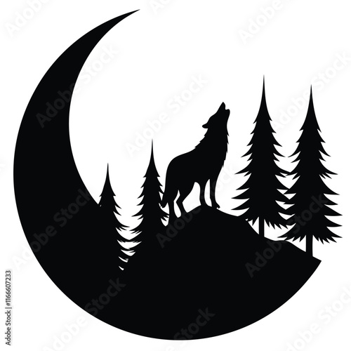 wolf standing on a rocky cliff under a crescent moon,