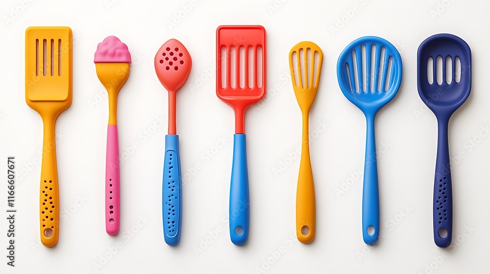 Bright display of colorful kitchen utensils and cooking essentials Bright display of colorful kitchen utensils and cooking essentials