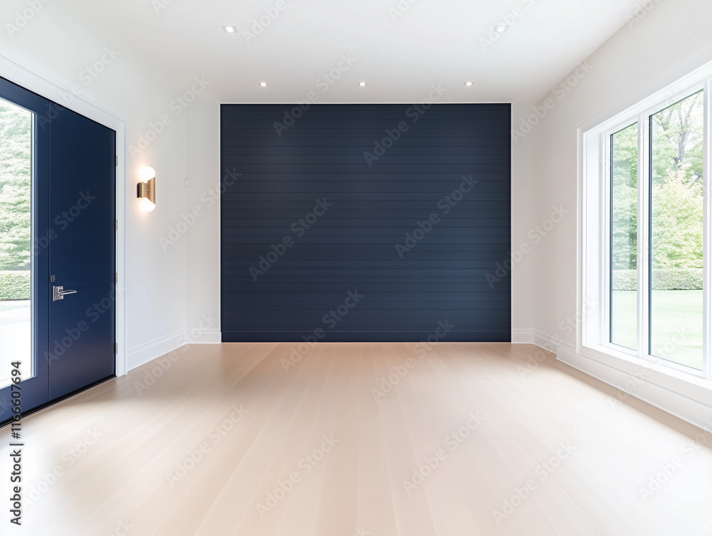 Welcoming Entryway Accented with Indigo Bamboo Wall Slats Welcoming Entryway Accented with Indigo Bamboo Wall Slats