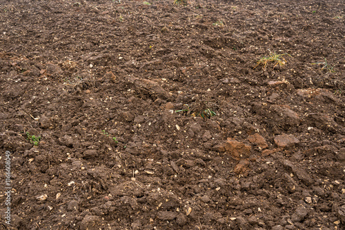 Empty plowed ground at the end of autumn season photo