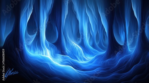 A surreal, glowing forest scene with ethereal blue light illuminating the surroundings.