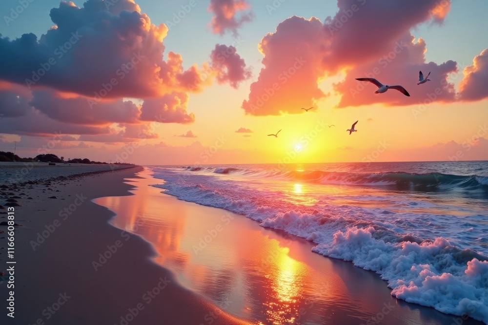 Beach at sunset with waves and seagulls flying , water, ocean Beach at sunset with waves and seagulls flying , water, ocean