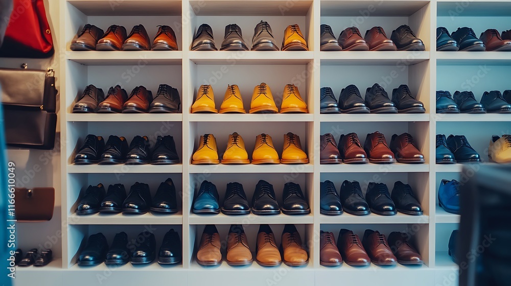 Organized shoe collection on shelves in a store. Organized shoe collection on shelves in a store.
