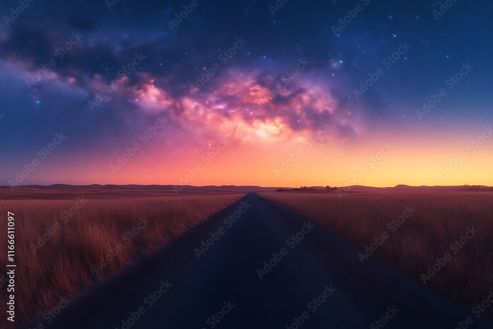 Starry night sky over a country road. Starry night sky over a country road.