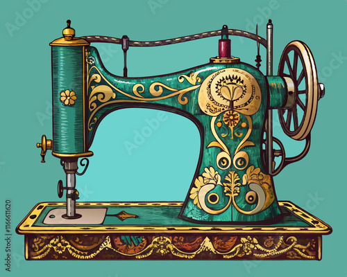 A vintage sewing machine with intricate ironwork, standing on a muted teal background