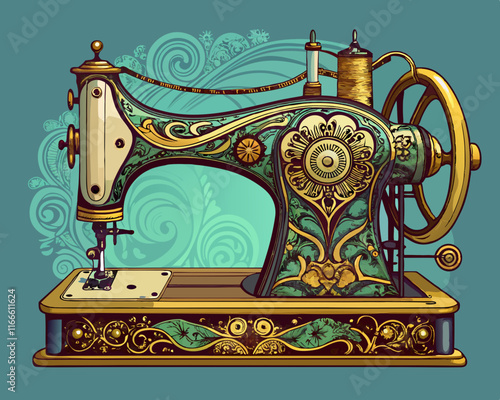 A vintage sewing machine with intricate ironwork, standing on a muted teal background