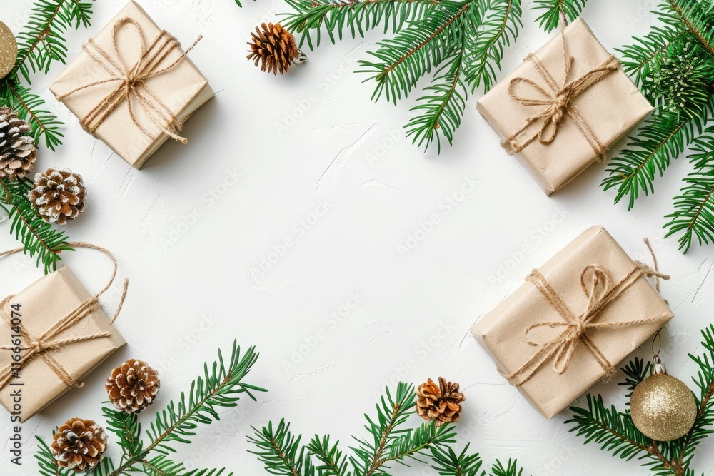 Gift craft boxes and fir branches on white background. Christmas background with free space. Gift craft boxes and fir branches on white background. Christmas background with free space.