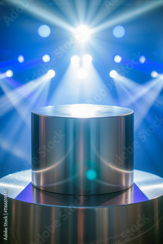 reflective metallic cylinder on illuminated stage