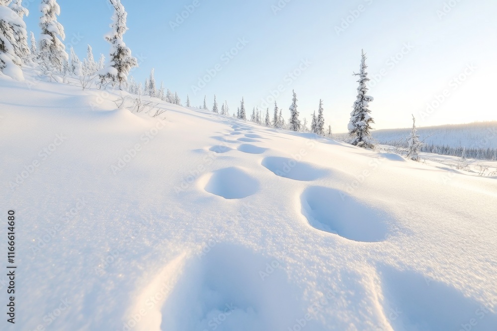 Pristine Snow Trail with Animal Tracks in Morning Light Pristine Snow Trail with Animal Tracks in Morning Light