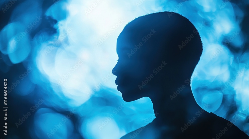 Obraz premium Silhouette of a Person Against a Blue Bokeh Background