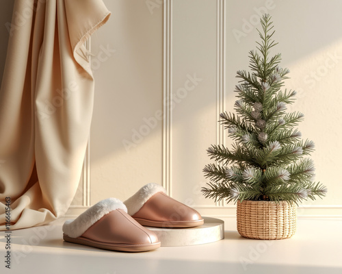 rose gold slippers with white trim small potted evergreen tree