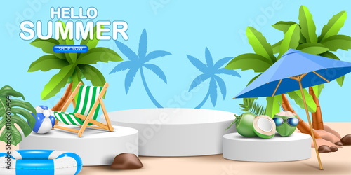 vector illustration hello summer product display and presentation business marketing banner.summer vacation and travel objects,tropical leaves around the white cylindrical podium.