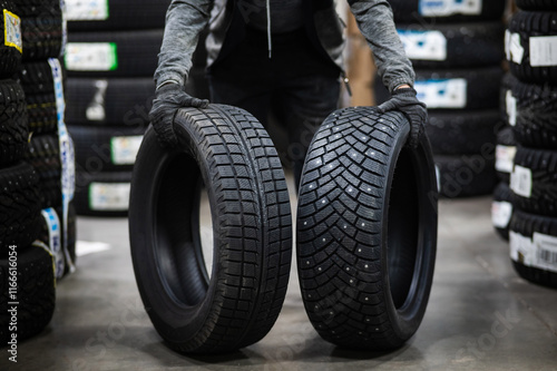 Mechanic keeps new summer and winter car tires in the garage. Comparison of wheels for different seasons. 