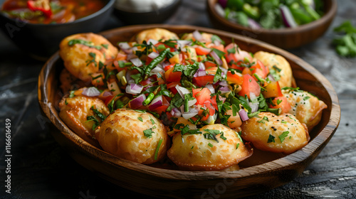 Top view of Mouth Watering Puri Chaat is an Indian snack food which is especially popular in the state of Maharashtra photo