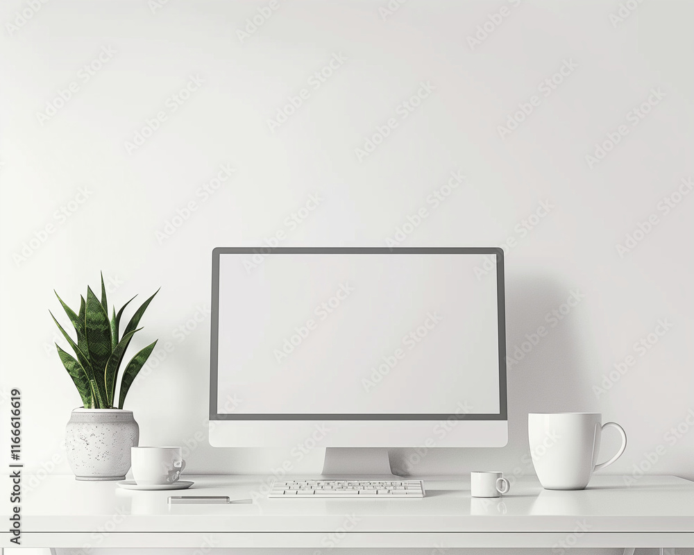 Clean Desk Workspace with Computer, Plant, and Coffee Mug in Minimalist Office Setting Clean Desk Workspace with Computer, Plant, and Coffee Mug in Minimalist Office Setting