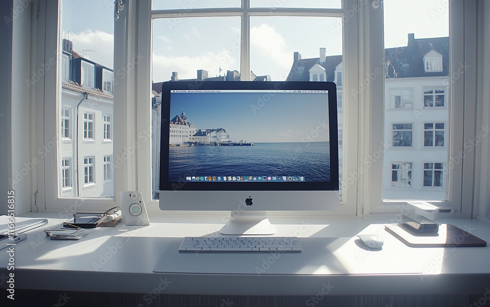 Fototapeta premium Modern bright home office workspace with computer, keyboard, mouse, and window view.